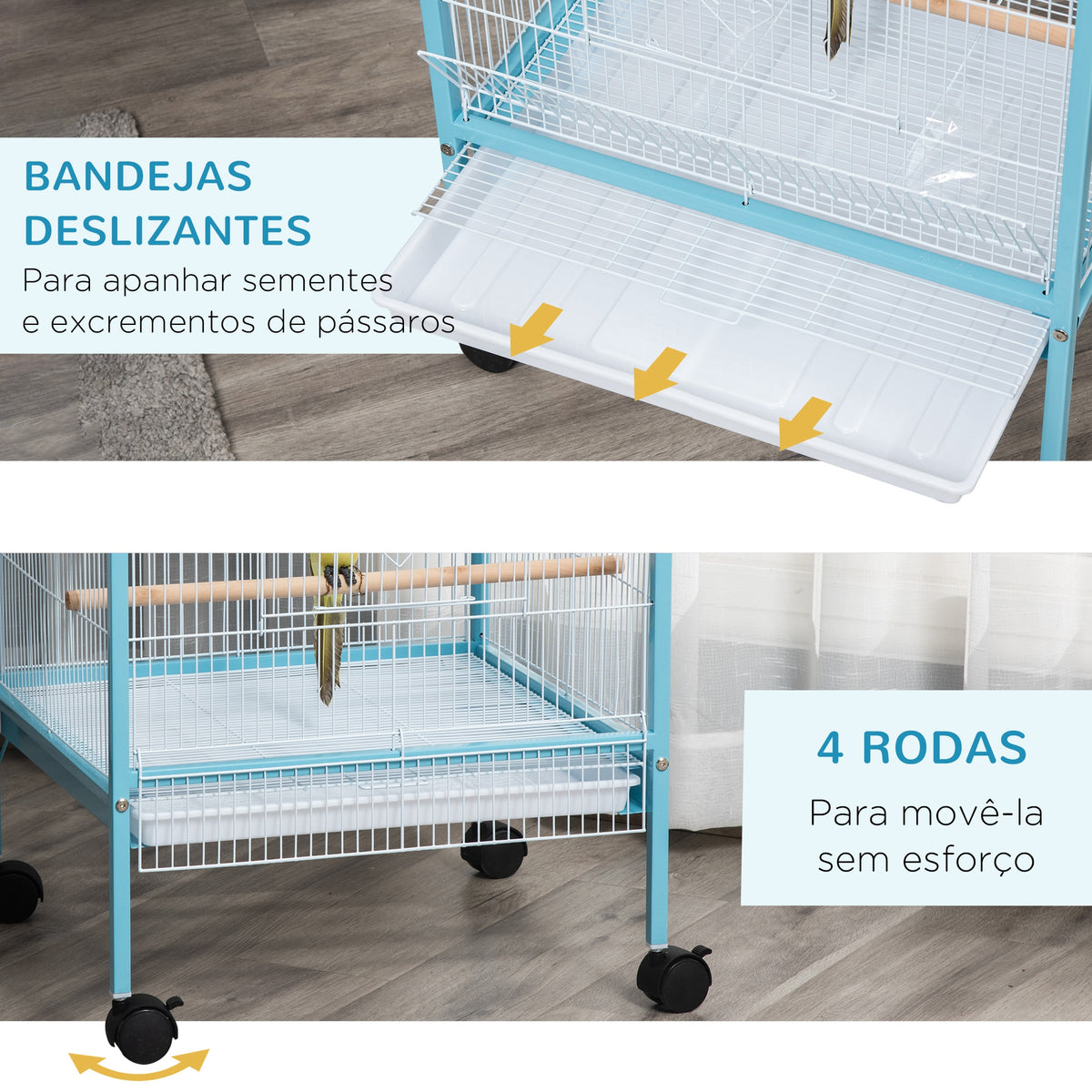 Gaiola para Pássaros com Rodas Gaiola Grande de 2 Níveis com Bandejas Removíveis Portas Comedouros Poleiros para Canários Periquitos 51,5x50x140 cm Azul e Branco — foto 6