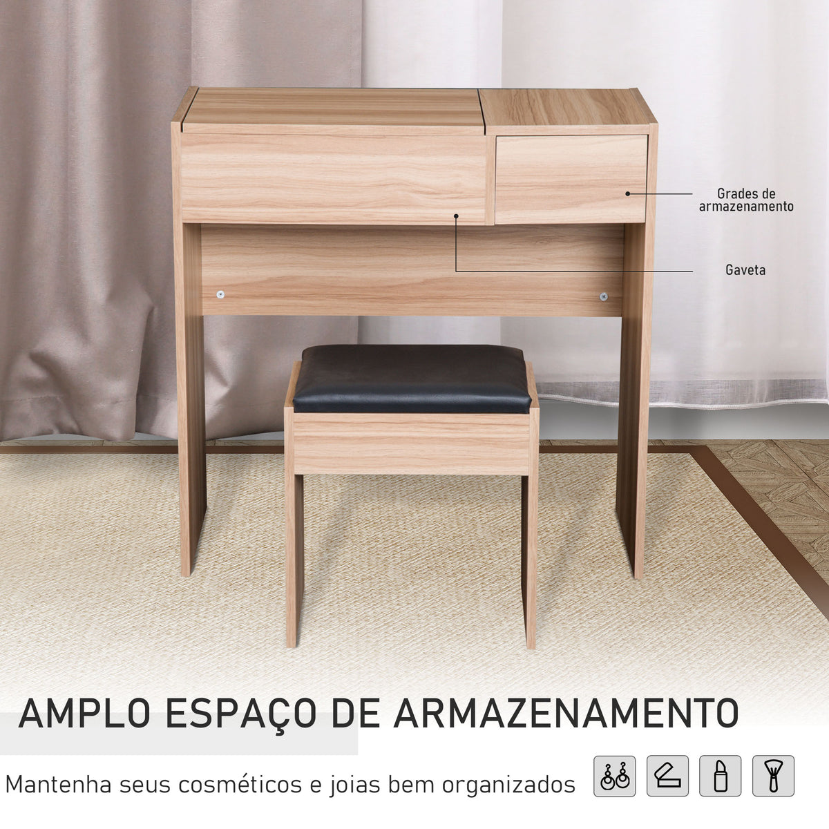 Toucador de Maquilhagem com Branco e Tampa Dobrável Mesa de Maquilhagem com Compartimentos e Gaveta 80x40x79cm Madeira — foto 5