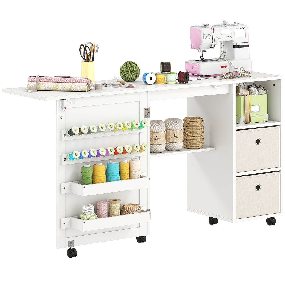 Mesa de Costura Dobrável com 6 Rodas Móvel para Máquina de Costura com 18 Pinos para Linhas 2 Gavetas de Tecido 3 Compartimentos Armário de Costura para Escritório Sala Branco — foto 1