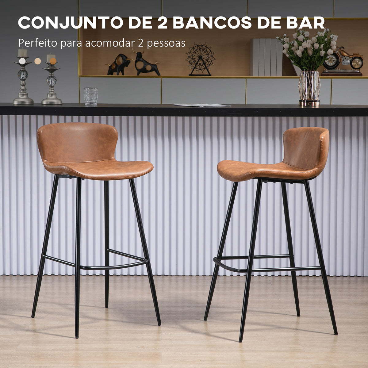Conjunto de 2 Bancos Altos de Cozinha Bancos Altos de Cozinha com Encosto Estofado em PU Carga 120 kg para Bar Sala de Jantar 45x49x94,6 cm Marrom — foto 4