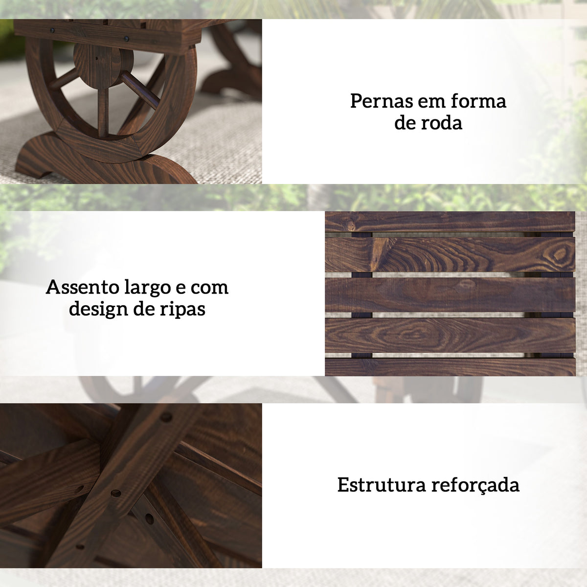 Banco de Jardim de 2 Lugares Banco de Madeira com Rodas Decorativas Estilo Rústico Capacidade 250 kg para Pátio Terraço Varanda 98x50x39,5 cm Castanho Rústico — foto 4