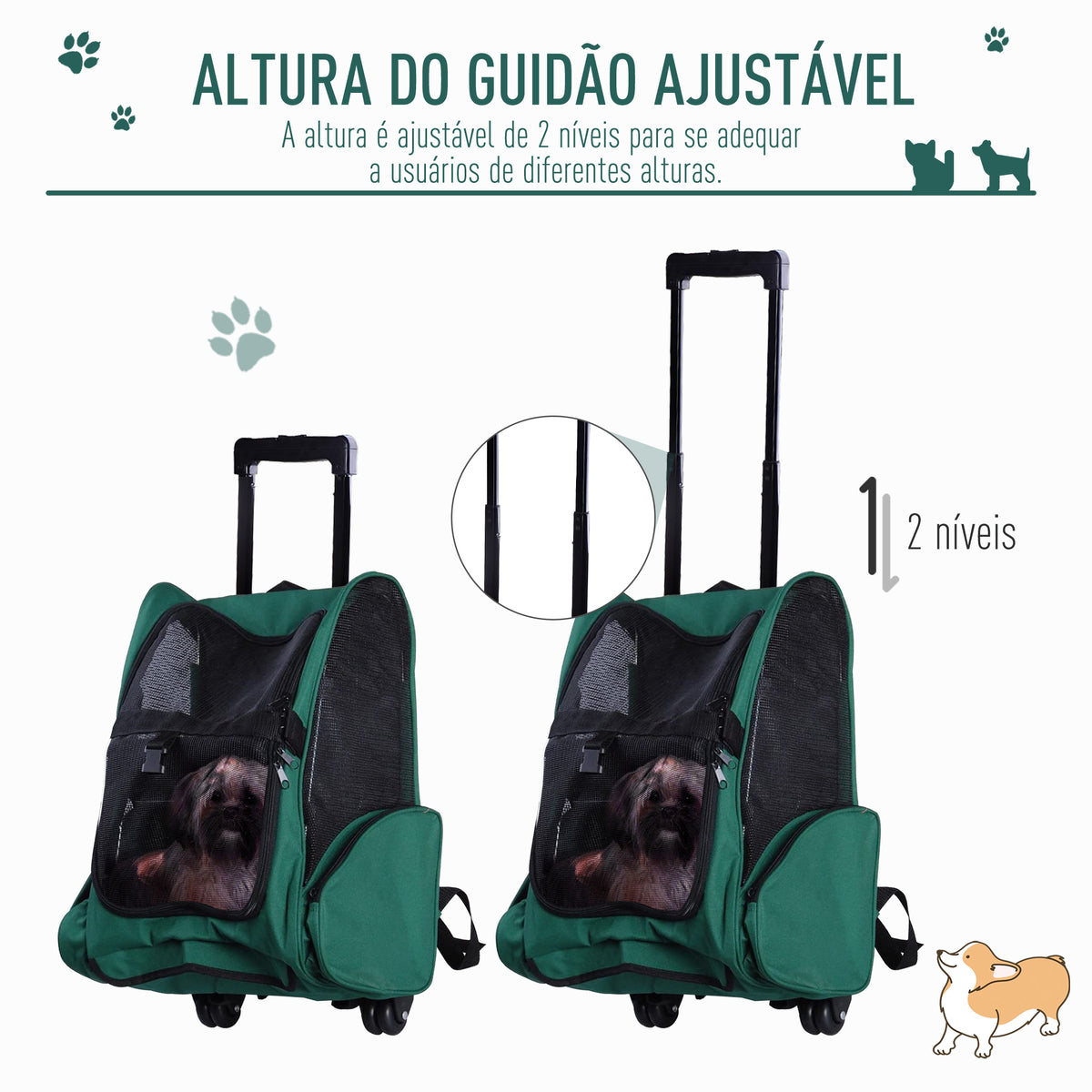Transportadora 2 em 1 para Animais de Estimação Mochila ou Carrinho de Viagem para Cães e Gatos com 2 Rodas Alça Retrátil de Alumínio e Bolso de Armazenamento 42x25x55cm Verde — foto 5