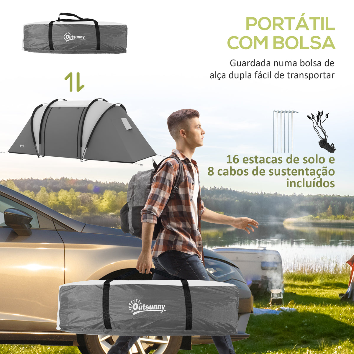 Tenda de Campismo Familiar para 4-5 Pessoas Tenda de Campismo Túnel Impermeável 3000 mm com 2 Quartos Bolsa de Transporte e Gancho Ideal para Caminhadas e Pesca Cinzento — foto 7