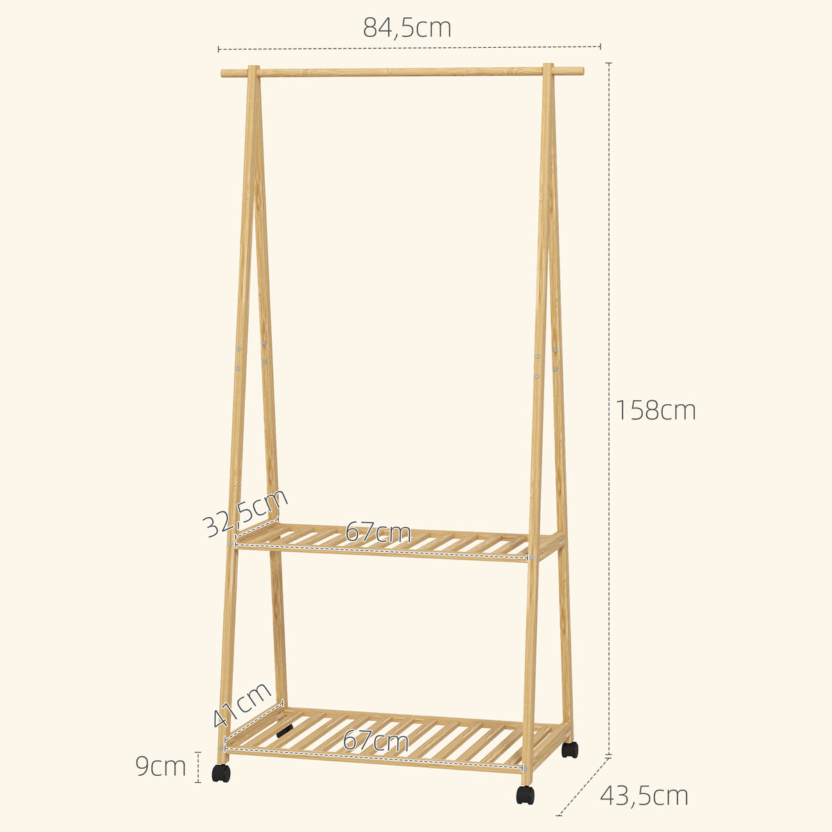 Charriot de Bambu para Roupa Charriot para Roupa com Rodas 2 Prateleiras Abertas e 2 Ganchos para Entrada Corredor Dormitório 84,5x43,5x158 cm Madeira — foto 3