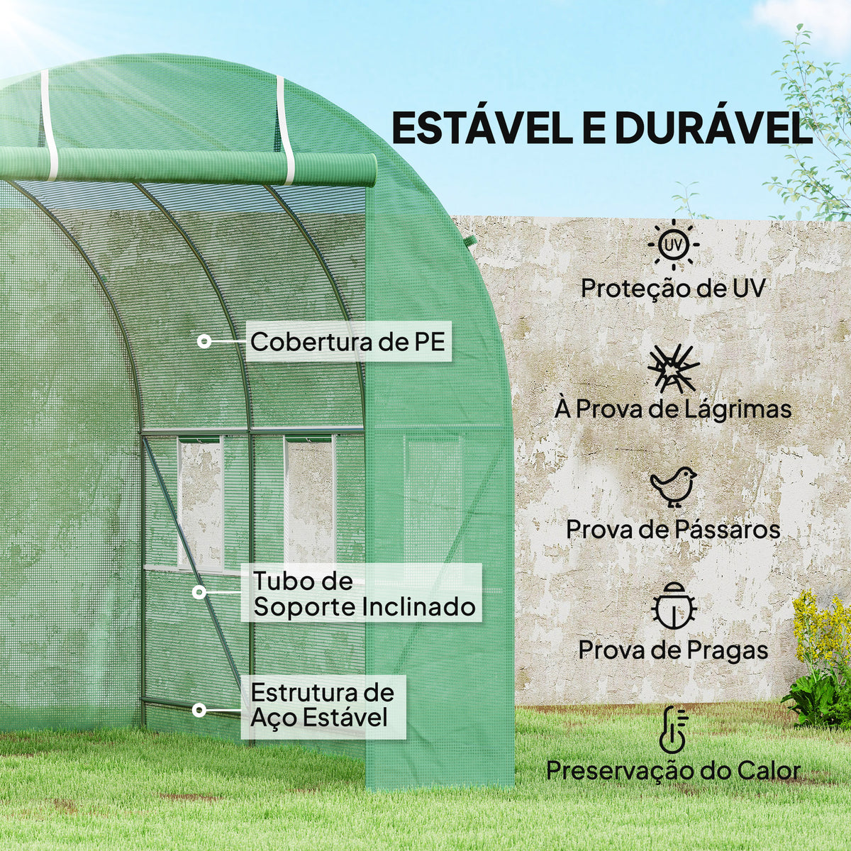 Estufa Tipo Túnel de Jardim 350x200x200cm Estufa de Jardim com 6 Janelas Respiráveis e Porta Enrolável com Zíper para Cultivo de Plantas e Verduras Verde — foto 4