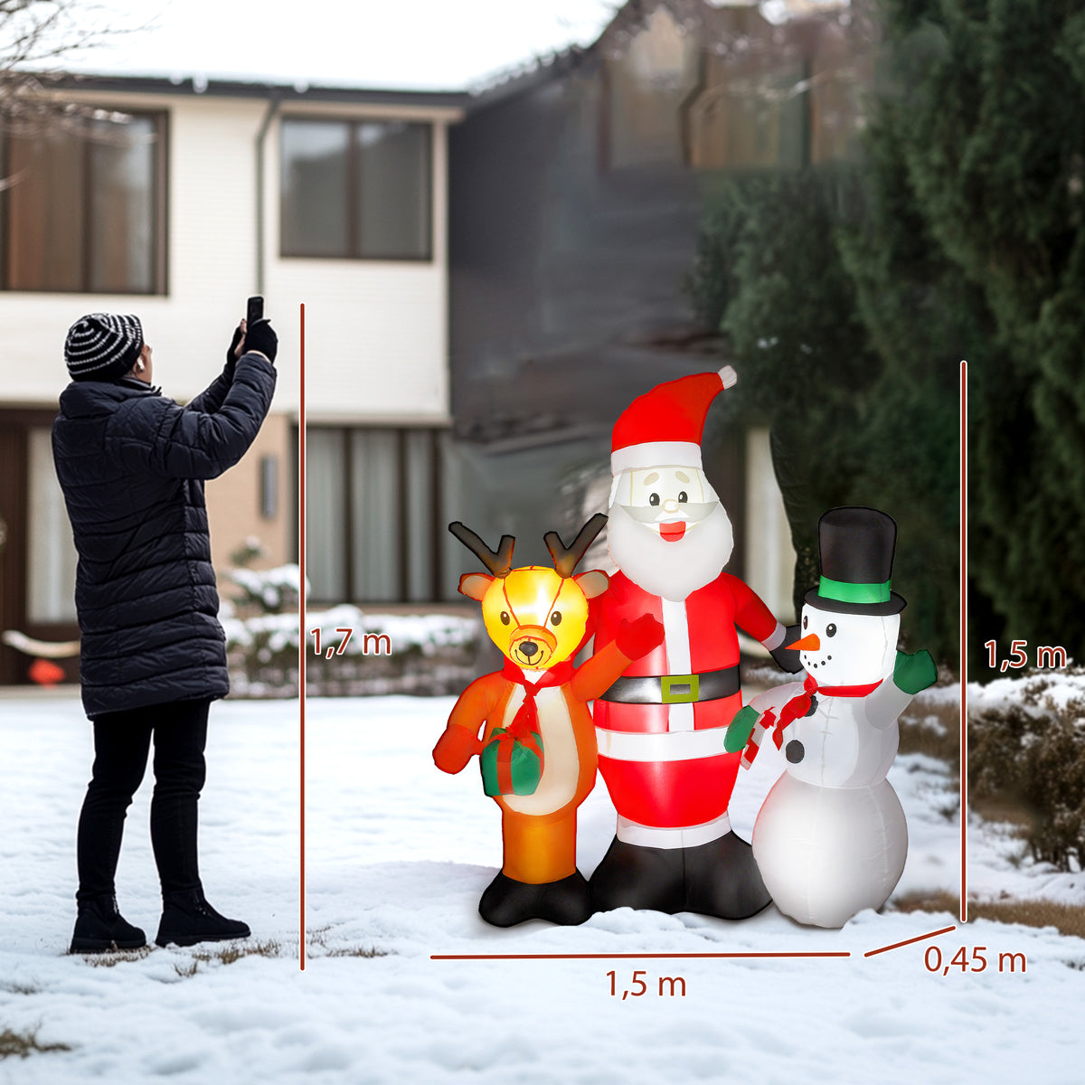 Pai Natal Insuflável 150 cm com Rena e Boneco de Neve Decoração de Natal Insuflável com Luzes LED Inflador Elétrico para Exterior Jardim Relvado 150x45x150 cm Multicor — foto 3