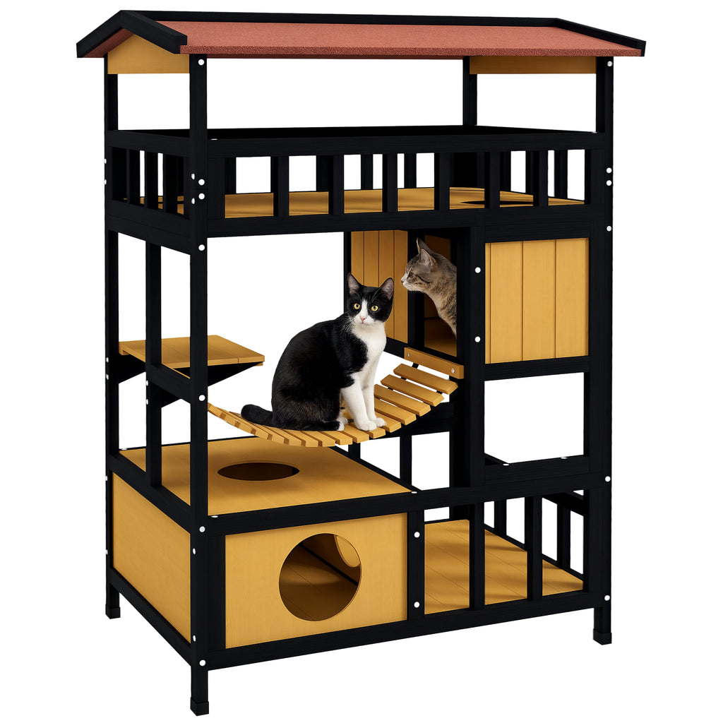 Casa para Gatos de Madeira 84x60x116 cm Abrigo para Gatos de 4 Níveis para Exterior com Ponte Suspensa Varanda e Telhado Asfáltico Natural — foto 1