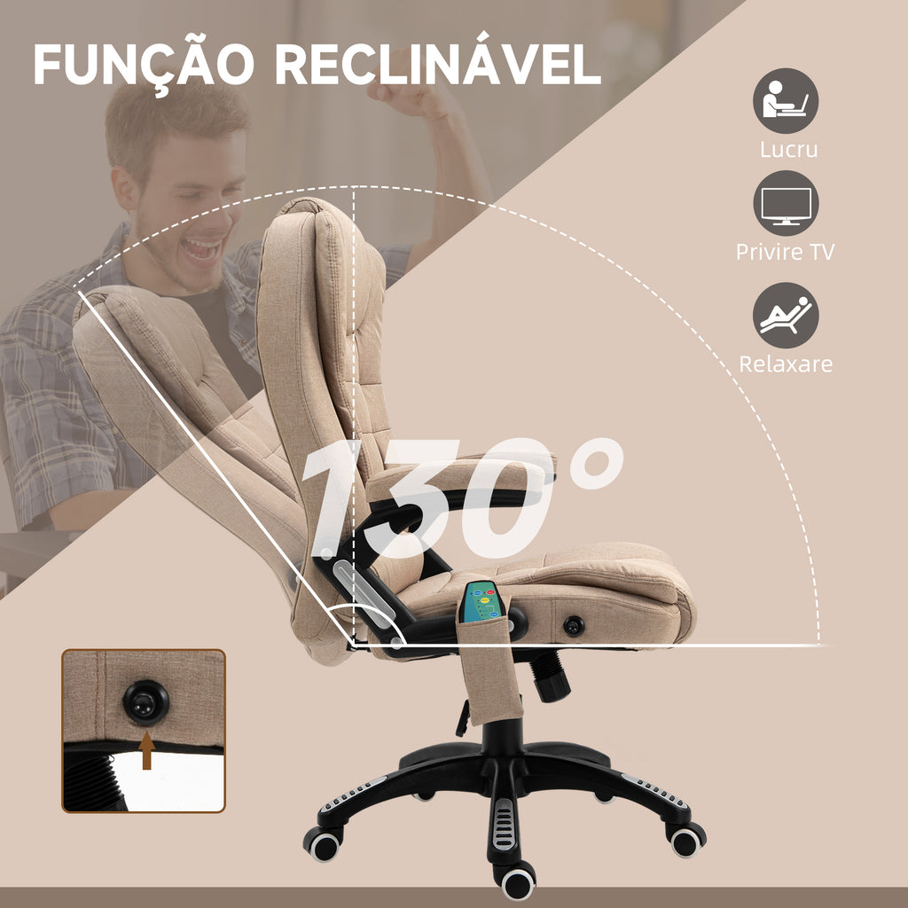 Cadeira de Massagem com 6 Pontos de Massagem Cadeira de Escritório Reclinável até 130° com Função de Aquecimento Altura Ajustável e Rodas para Estúdio 68x72x110-120 cm Marrom Claro — foto 7