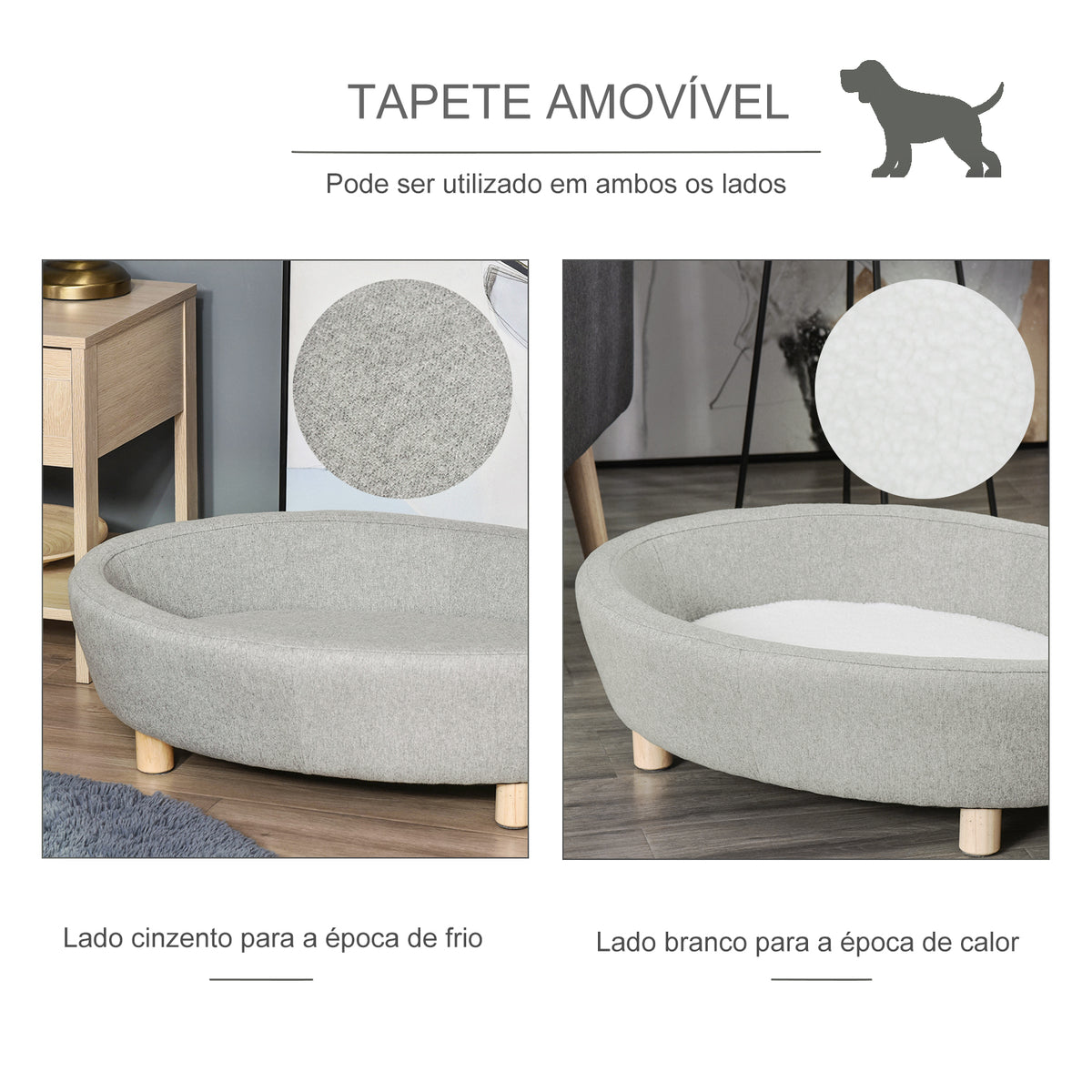 Sofá Cama para Animais de Estimação Pequenos e Medios com Almofada Acolchoada Amovível Pernas de Madeira Bordas Elevadas 81x61x24 cm Cinza — foto 8