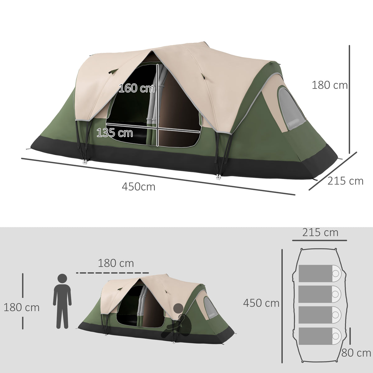 Tenda de Campismo Familiar para 4-5 Pessoas Tenda de Campismo Dobrável com 2 Quartos e Bolsa de Transporte Impermeável para Trekking 450x215x180 cm Verde — foto 3