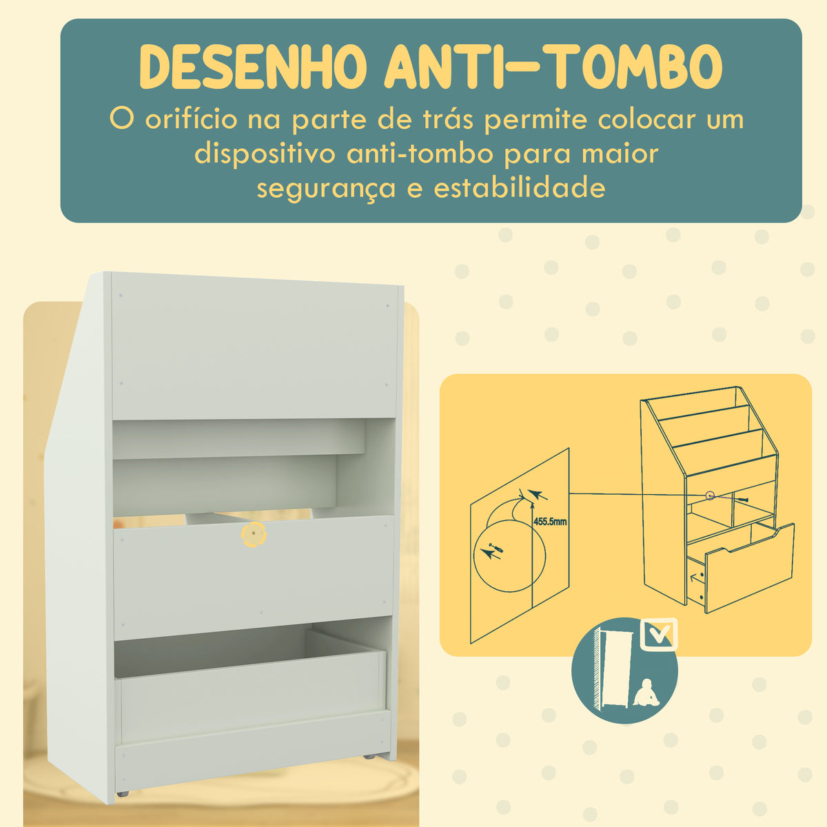 Estante de Madeira para Brinquedos com 3 Compartimentos 2 Prateleiras e Gaveta Móvel com 4 Rodas Estante para Livros Infantil para Dormitório Infantil Sala de Jogos 60x29,9x90 cm Verde — foto 5