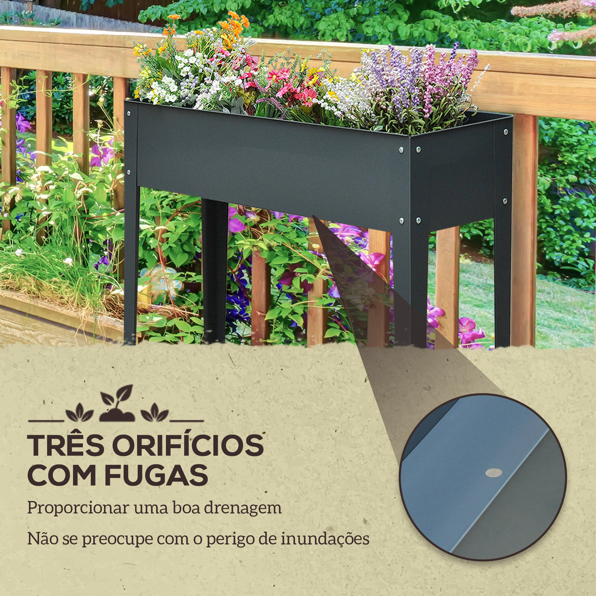 Horta Urbana Elevada para Jardim e Terraço, Floreira Retangular Elevada, Mesa de Cultivo para Plantas, Legumes e Flores com 3 Orifícios de Drenagem, 100x30x80 cm, Cinzento — foto 6