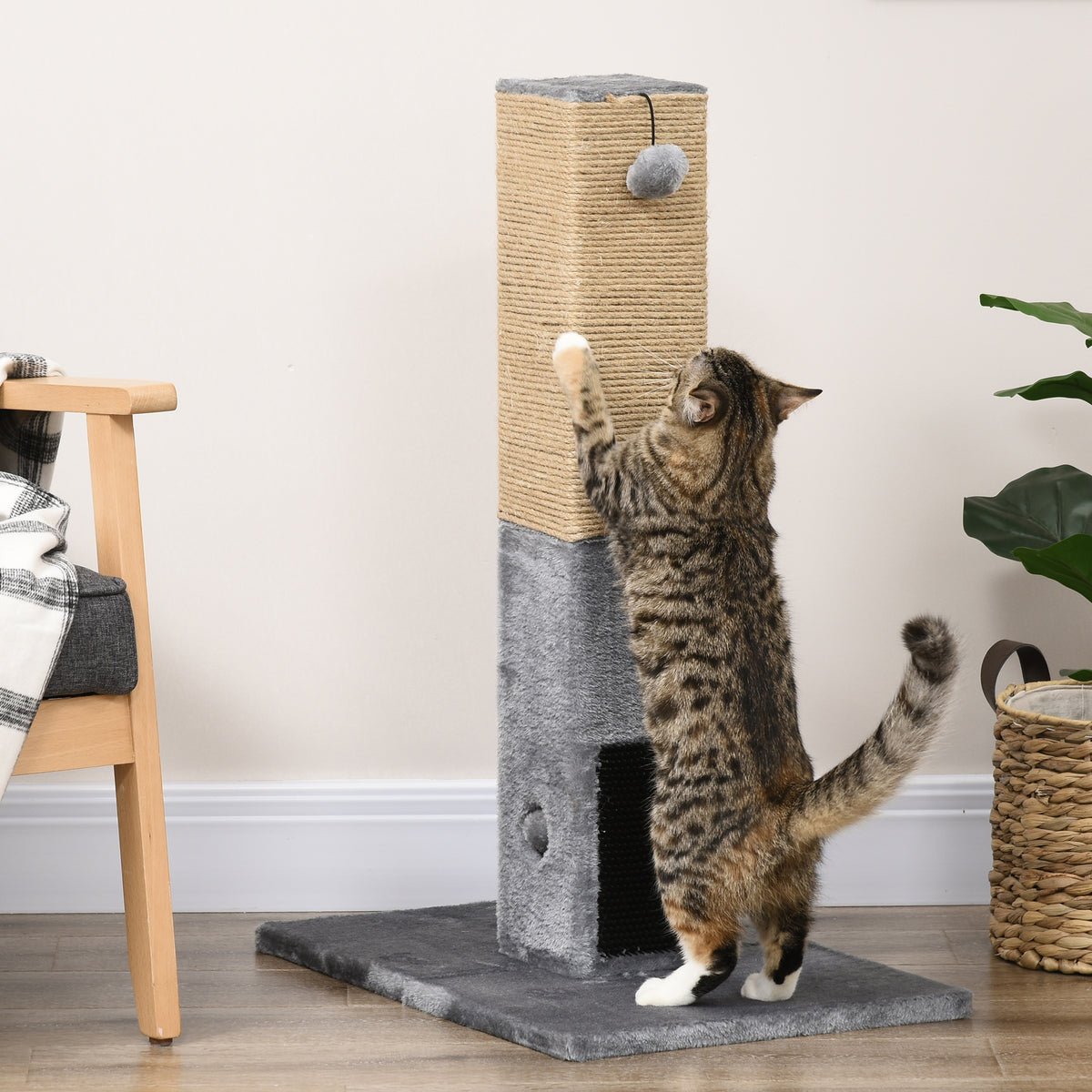 Poste Arranhador para Gatos 79 cm Arranhador para Gatos com Bola Suspensa e Poste de Juta 59,5x39x79 cm Cinza e Bege — foto 2