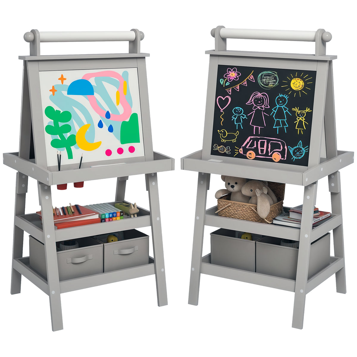 Quadro infantil Cavalete de Pintura Infantil 3 em 1 Quadro Magnético Dupla Face com Rolo de Papel e Cestos de Arrumação Cinzento — foto 1