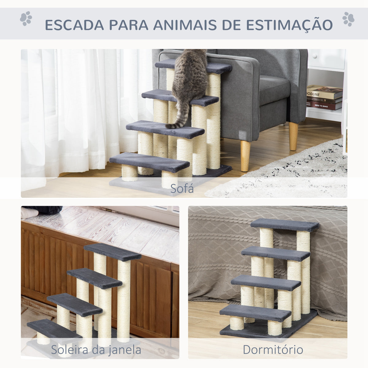 Escada para animais de estimação escada para gatos cães cobertura macia de pelucia Raspador de Sisal Estável 4 Passos 60x42x61 cm Cinzento — foto 6