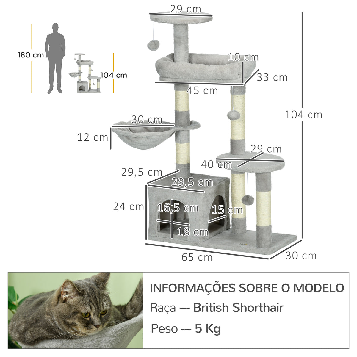 Arranhador para Gatos Altura 104 cm Arranhador para Gatos Torre de Escalada com Postes Arranhadores de Sisal Cova Plataformas e Bolas Suspensas 65x30x104 cm Cinzento Claro — foto 3