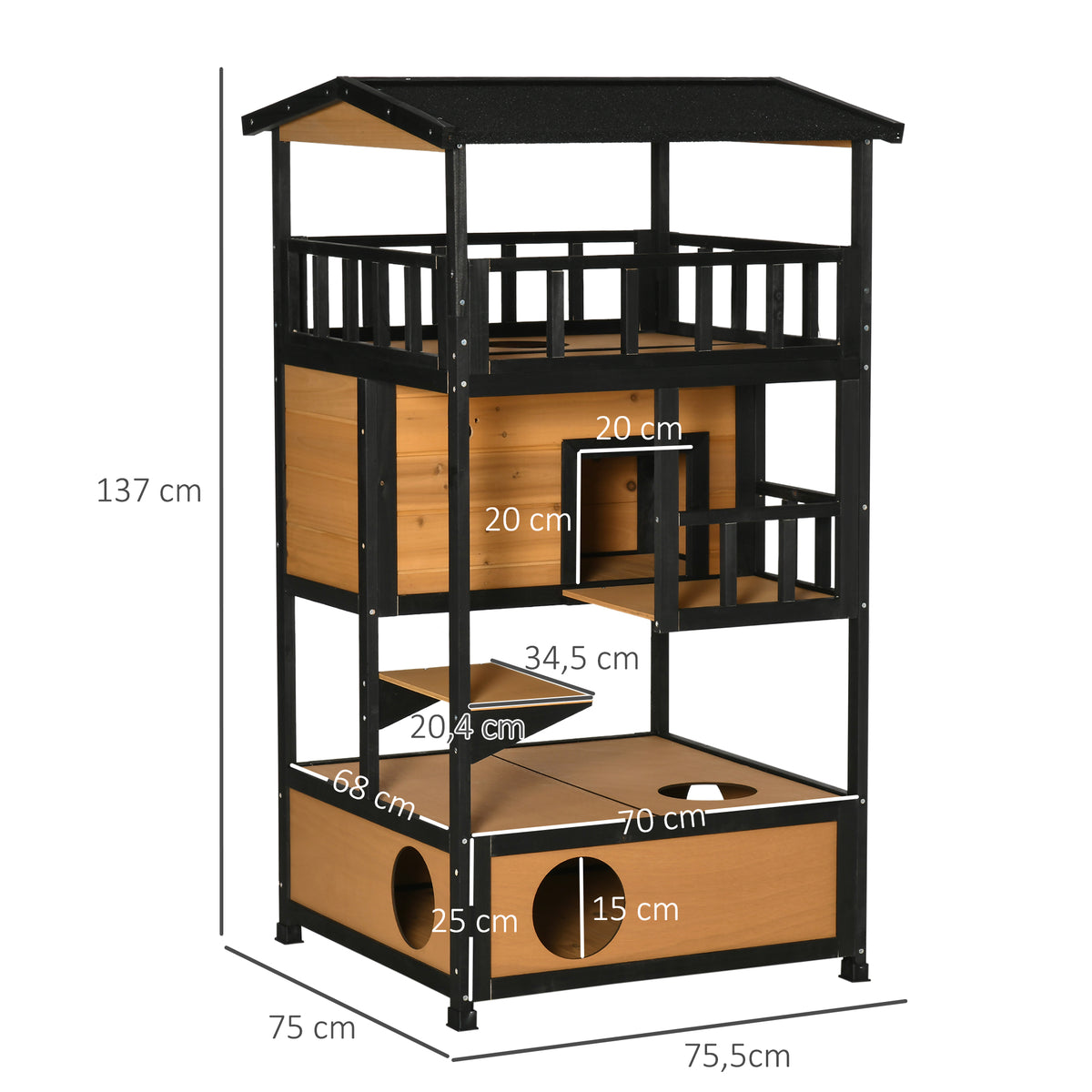 Casa para Gatos de Madeira 75,5x75x137 cm Abrigo para Gatos com Telhado Asfáltico Plataformas e Ninho para Interior e Exterior Natural — foto 3