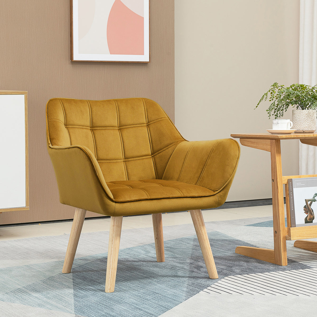 Poltrona Moderna Poltrona de Leitura Estofada em Veludo com Assento Amplo Pés em Madeira Poltrona Relax para Sala de Estar Quarto 67x61,5x71 cm Amarelo — foto 2