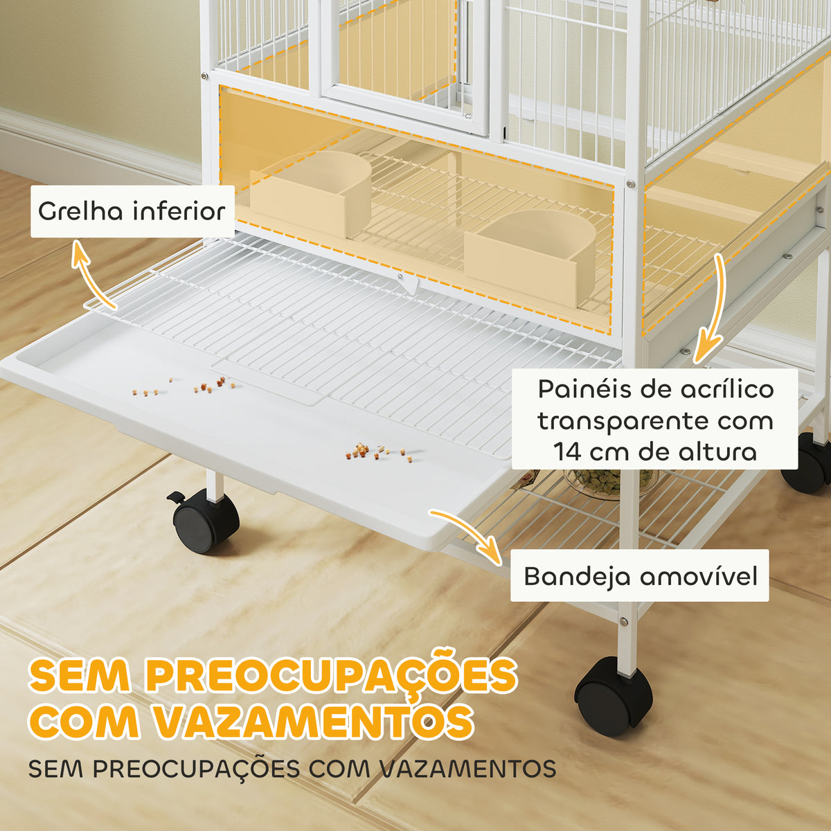 Gaiola para Pássaros Gaiola Grande de 2 Níveis com Rodas Painéis Acrílicos Comedouros Poleiros Prateleira Bandejas Amovíveis Gaiola para Papagaios Canários 48x46x134,5 cm Branco — foto 4