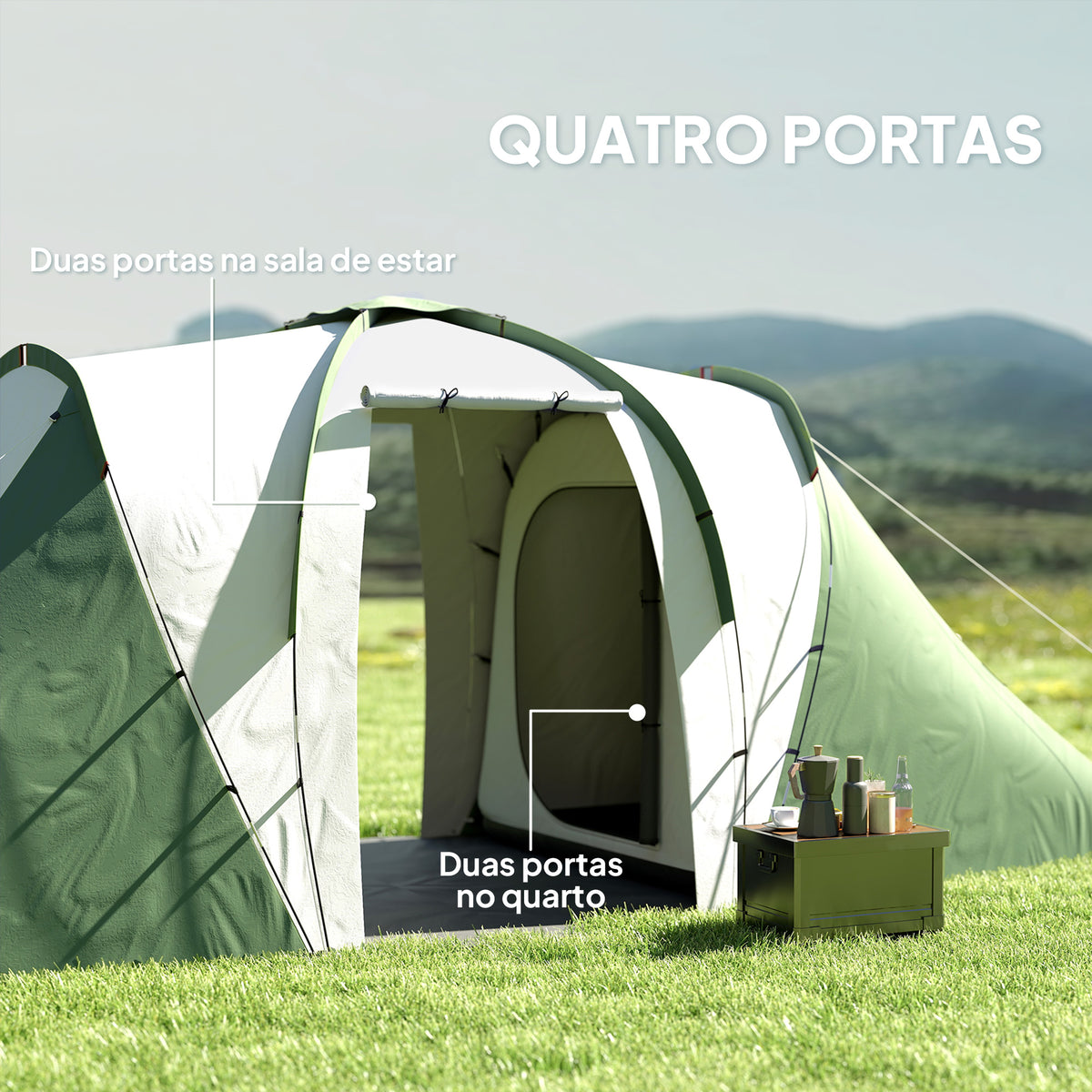 Tenda de Campismo Familiar para 4-6 Pessoas com 2 Dormitórios Tenda de Campismo Grande Impermeável 3000 mm com Bolsa de Transporte 555x225x190 cm Cinza e Verde — foto 5