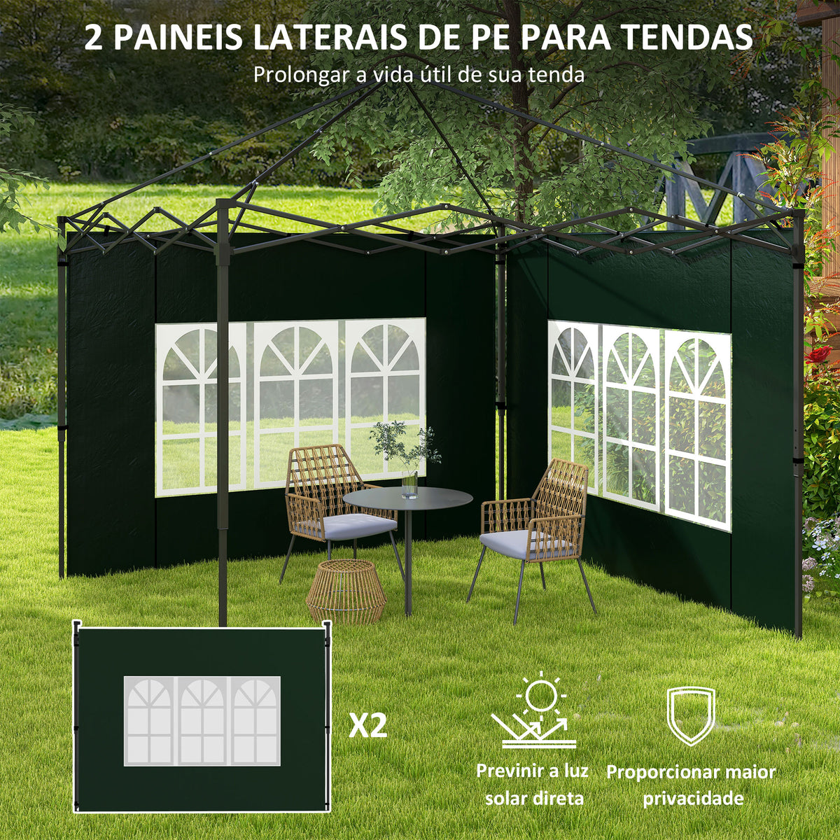 Conjunto de 2 Paredes Laterais para Tendas de 3x3m e 3x6m Paredes Laterais para Tendas com Janelas Transparentes 293x193cm Verde Escuro — foto 4