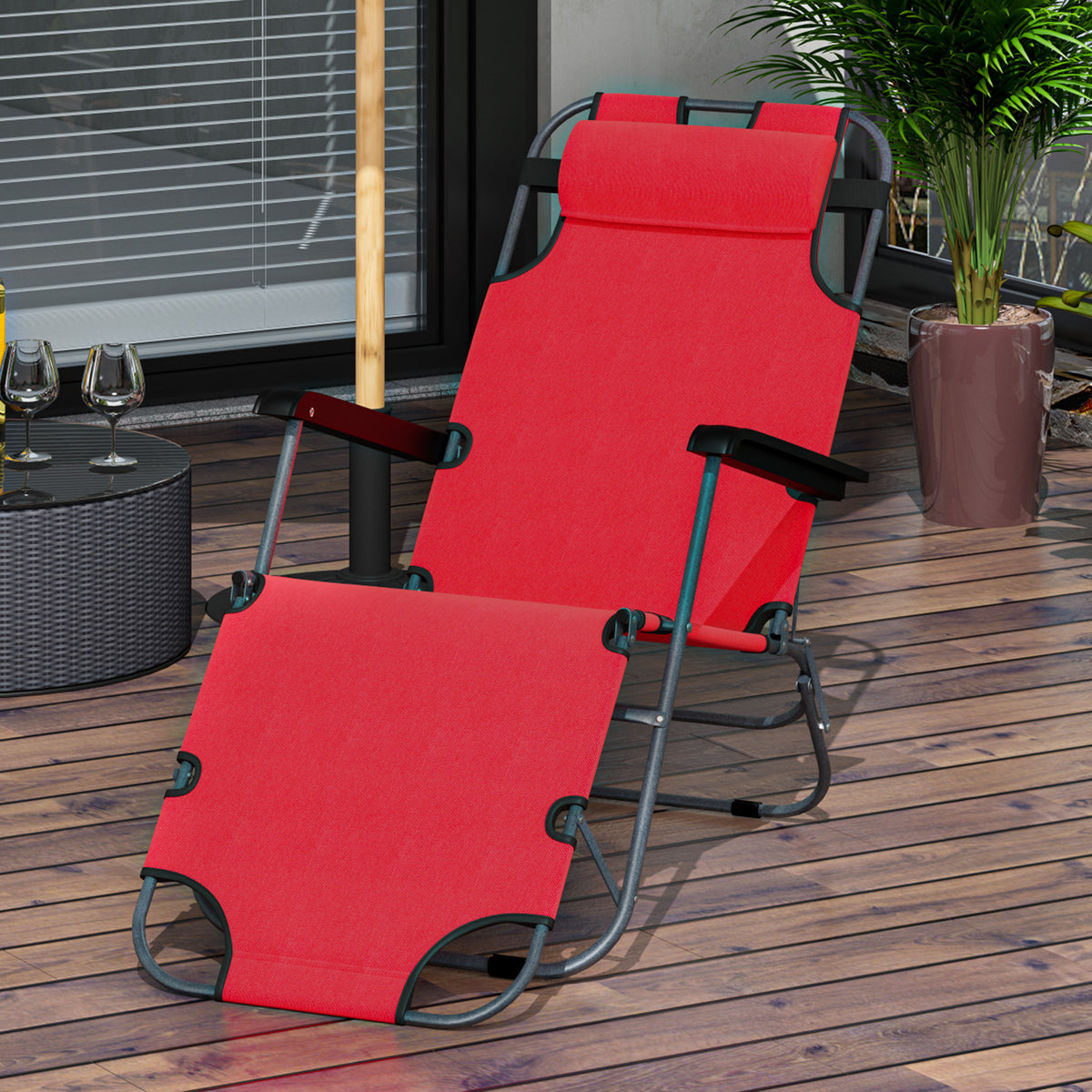 Espreguiçadeira Reclinável e Dobrável com Encosto Ajustável Apoio de Braço Almofada e Apoio para os Pés para Jardim Carga 136 kg 135x60x89 cm vermelho — foto 2