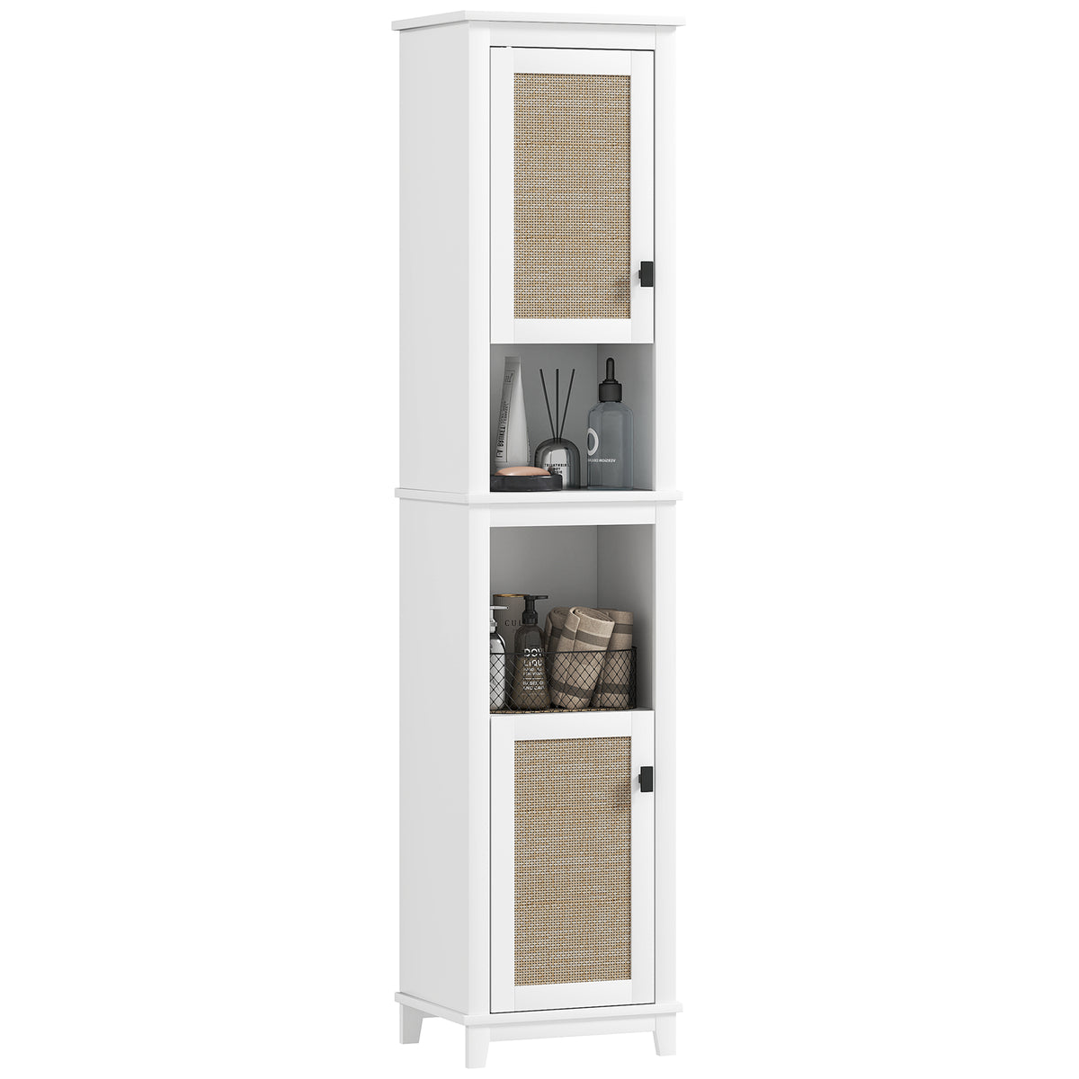 Coluna Casa de Banho Armário Alto Casa de Banho com Prateleira Ajustável 2 Portas em Vime e 2 Compartimentos Móvel Casa de Banho Estilo Boho 40x30x167,5 cm Branco — foto 1