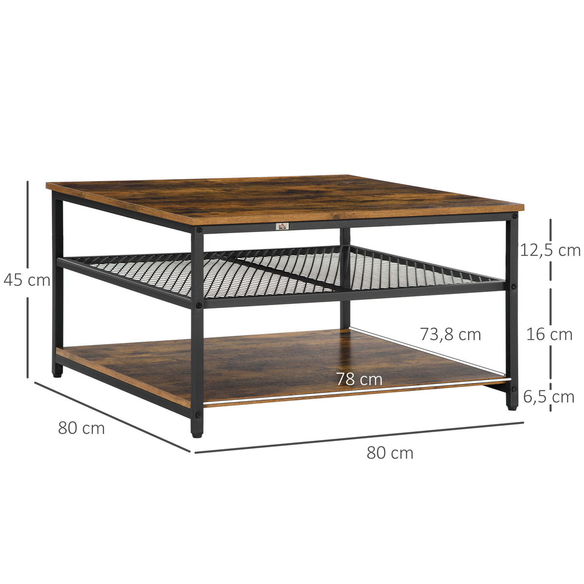 Mesa de Centro Mesa Auxiliar com 2 Prateleiras de Armazenamento Estrutura de Metal para Sala de Estar Sala de Jantar Carga Máxima 30kg 80x80x45cm Marrom Rústico — foto 3