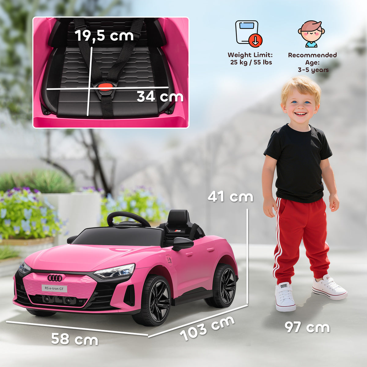 Carro Elétrico AUDI RS E-Tron GT para Crianças de 3-6 Anos Carro de Bateria 12V com 2 Motores Controlo Remoto Faróis LED Buzina Música USB e Abertura de Porta 3-5km/h 103x58x41 cm Rosa — foto 3