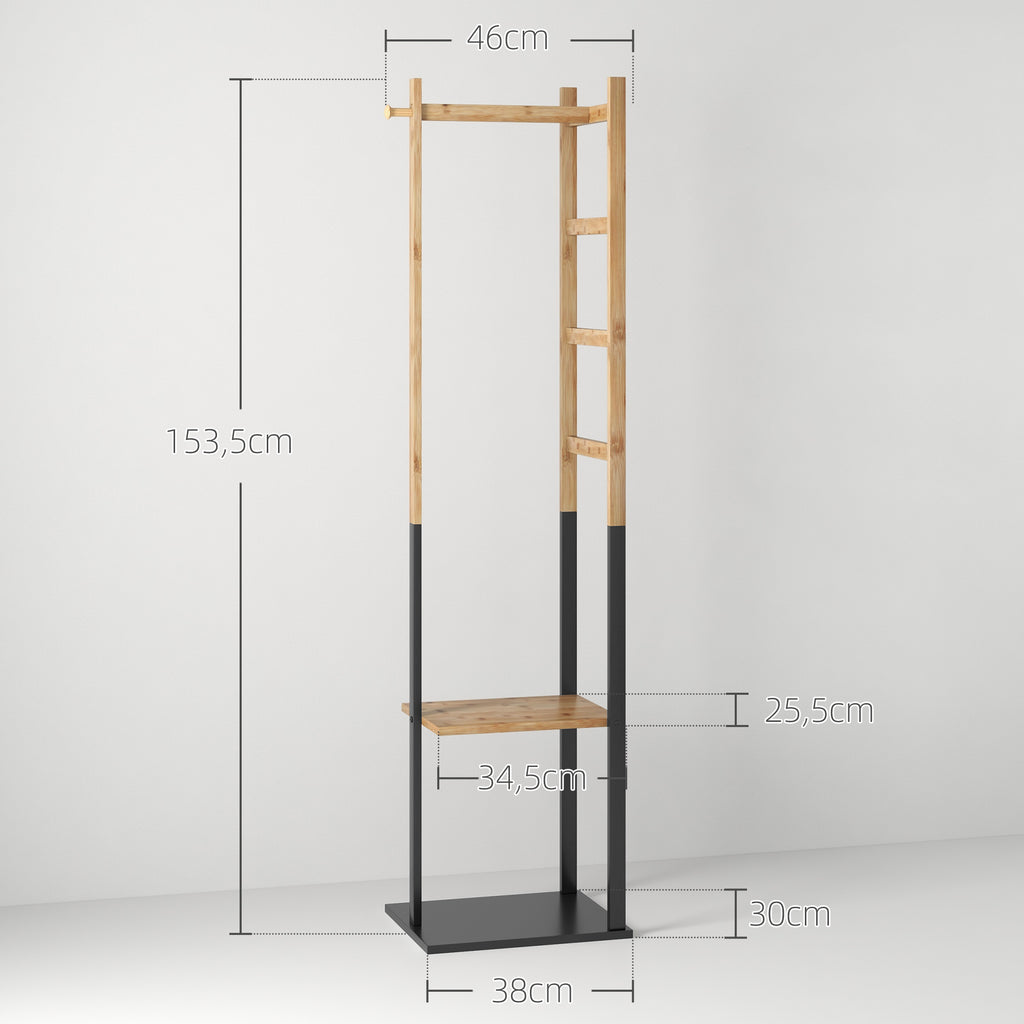 Cabide de Pé de Bambu com 2 Prateleiras 2 Ganchos 5 Barras Cabide de Entrada com Estrutura de Aço para Pendurar Roupa no Corredor Sala de Estar Quarto 46x28,5x153,5 cm Madeira e Preto — foto 3