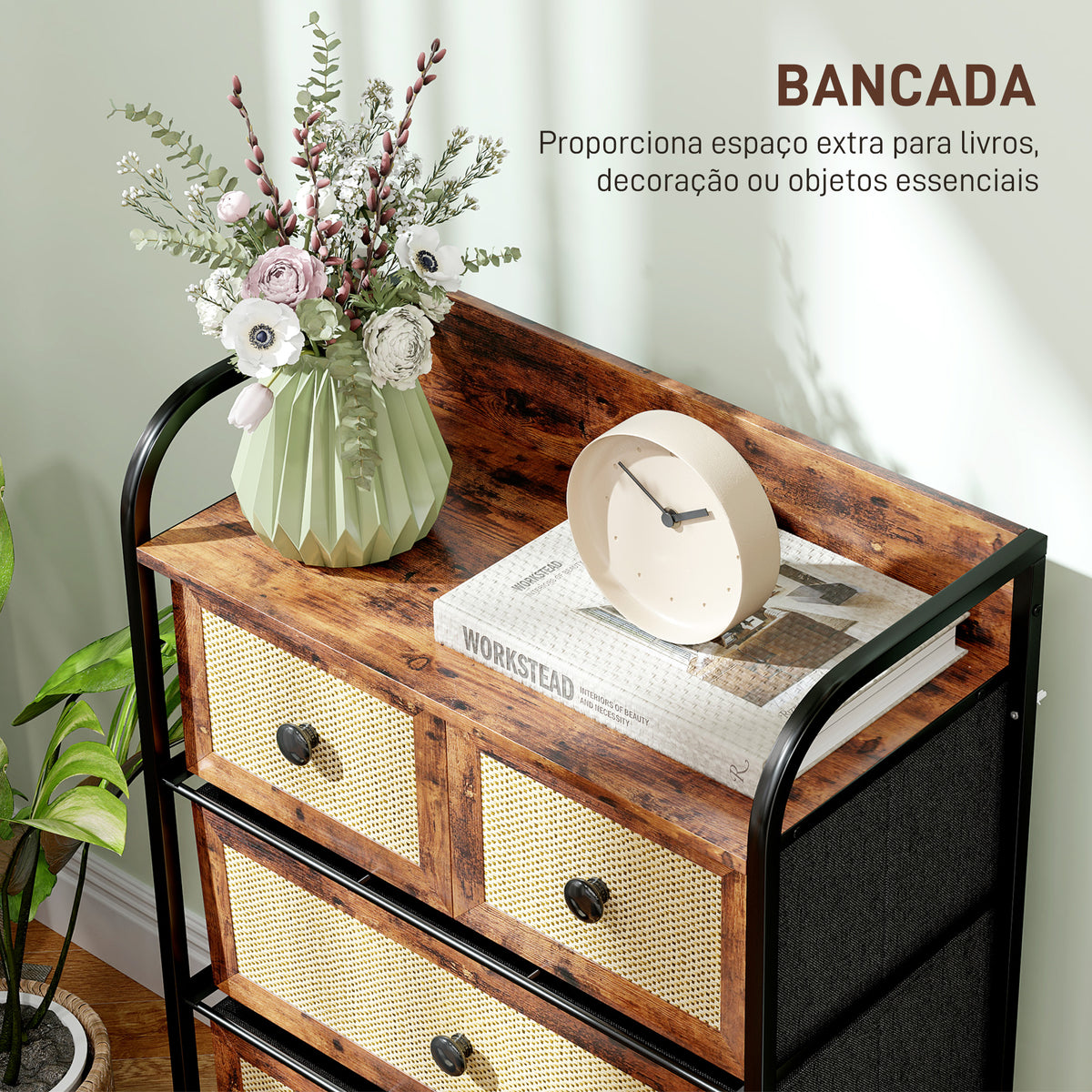 Cómoda de Tecido Cómoda para Dormitório com 5 Gavetas com Frente em Vime Prateleira e Estrutura em Aço para Sala de Estar 58x29x99 cm Marrom Rústico — foto 5