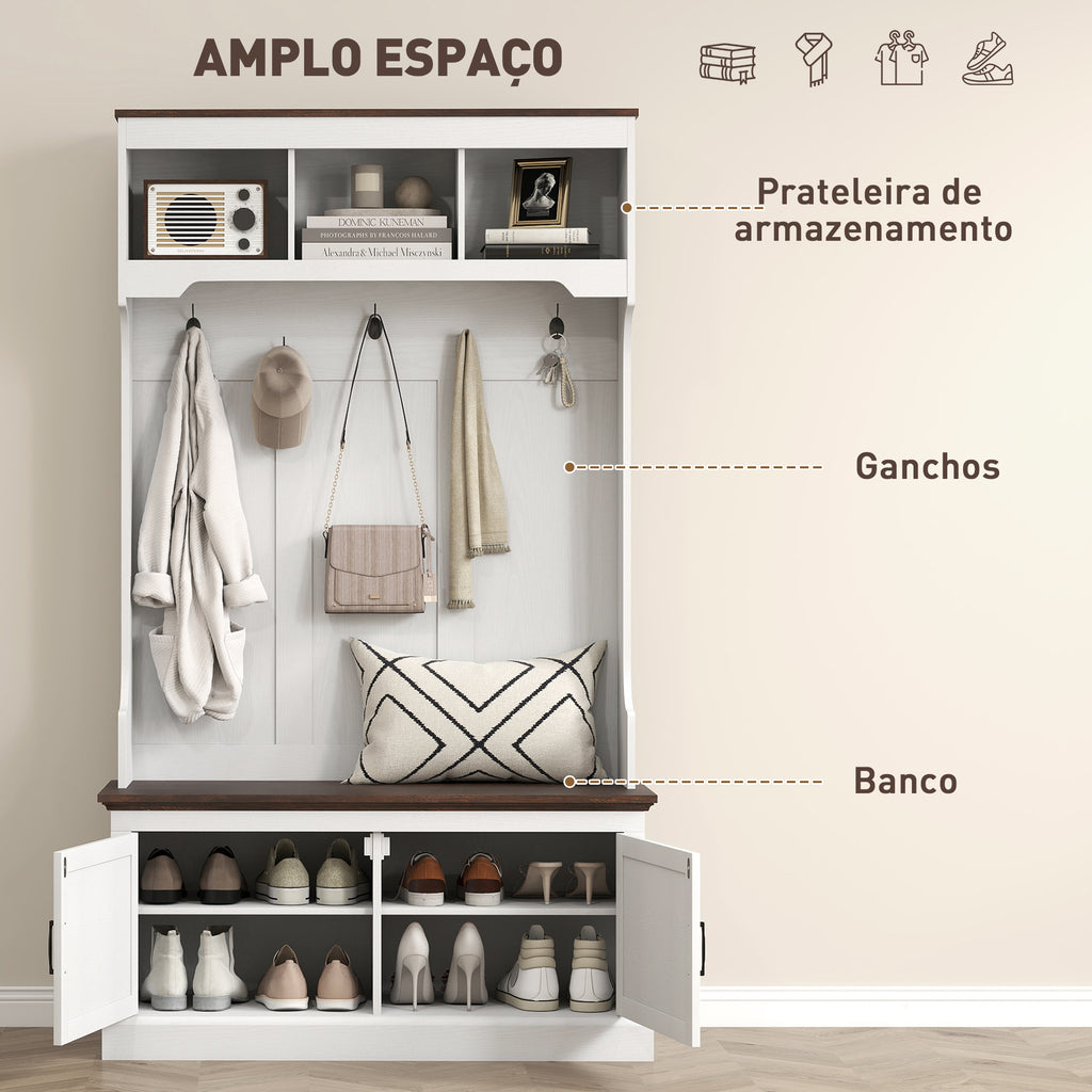 Móvel Cabide de Entrada Móvel de Entrada com Banco Sapateira 5 Ganchos 3 Prateleiras Armário e Compartimentos Estilo Rústico para Corredor Quarto Sala de Estar 105x40x180 cm Branco — foto 4
