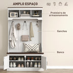 Móvel Cabide de Entrada Móvel de Entrada com Banco Sapateira 5 Ganchos 3 Prateleiras Armário e Compartimentos Estilo Rústico para Corredor Quarto Sala de Estar 105x40x180 cm Branco — foto 4