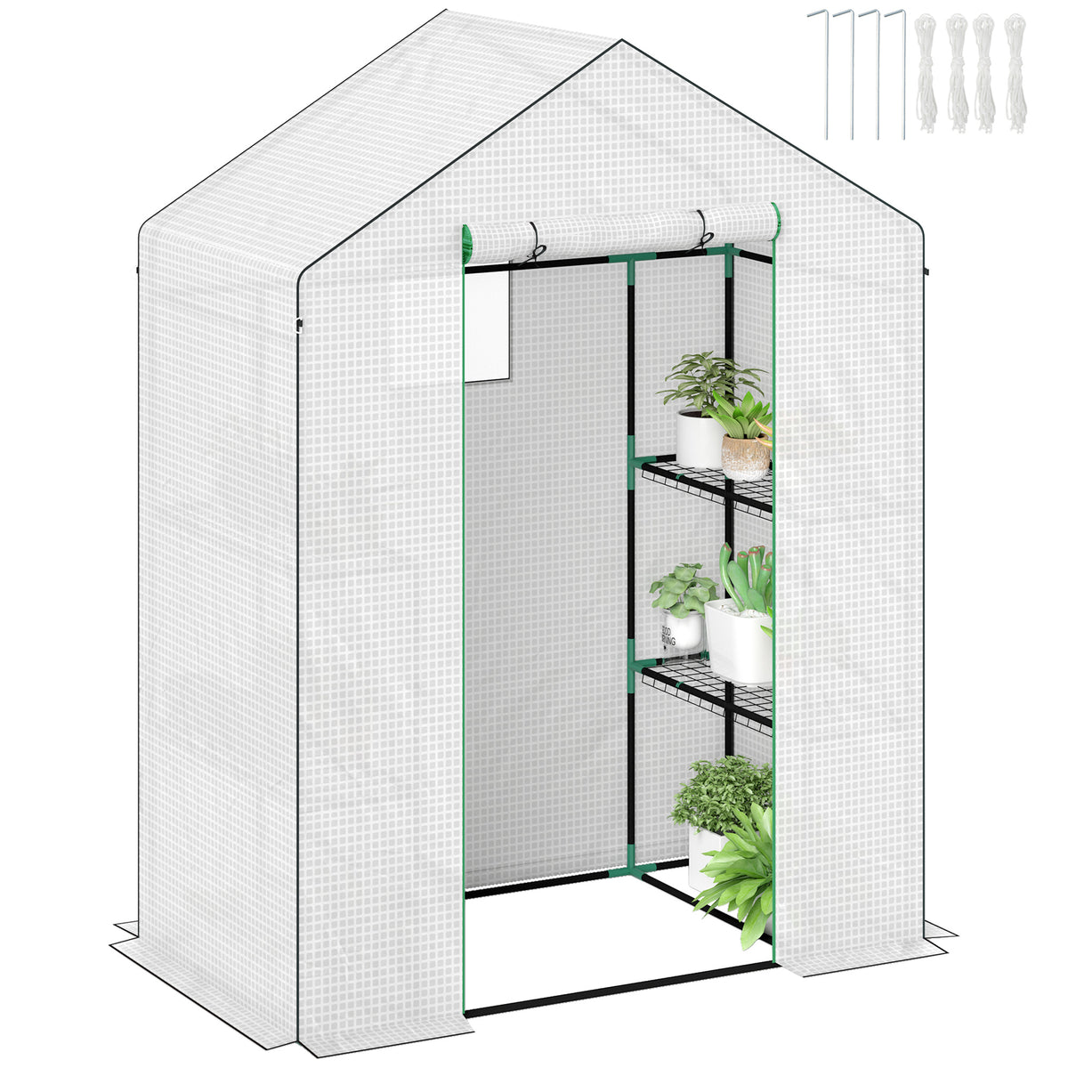 Estufa de Jardim Pequena de 3 Níveis com 6 Prateleiras Porta Enrolável Capa de PE e Estrutura de Aço para Cultivo de Plantas e Flores 143x74x190 cm Branco — foto 1