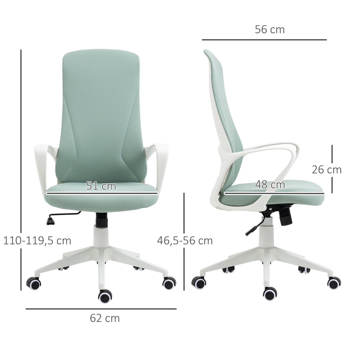 Cadeira de Escritório Giratória com Altura Ajustável Cadeira de Escritório Ergonómica com Apoio para os Braços Função de Inclinação e Encosto Alto 62x56x110-119,5 cm Verde — foto 3