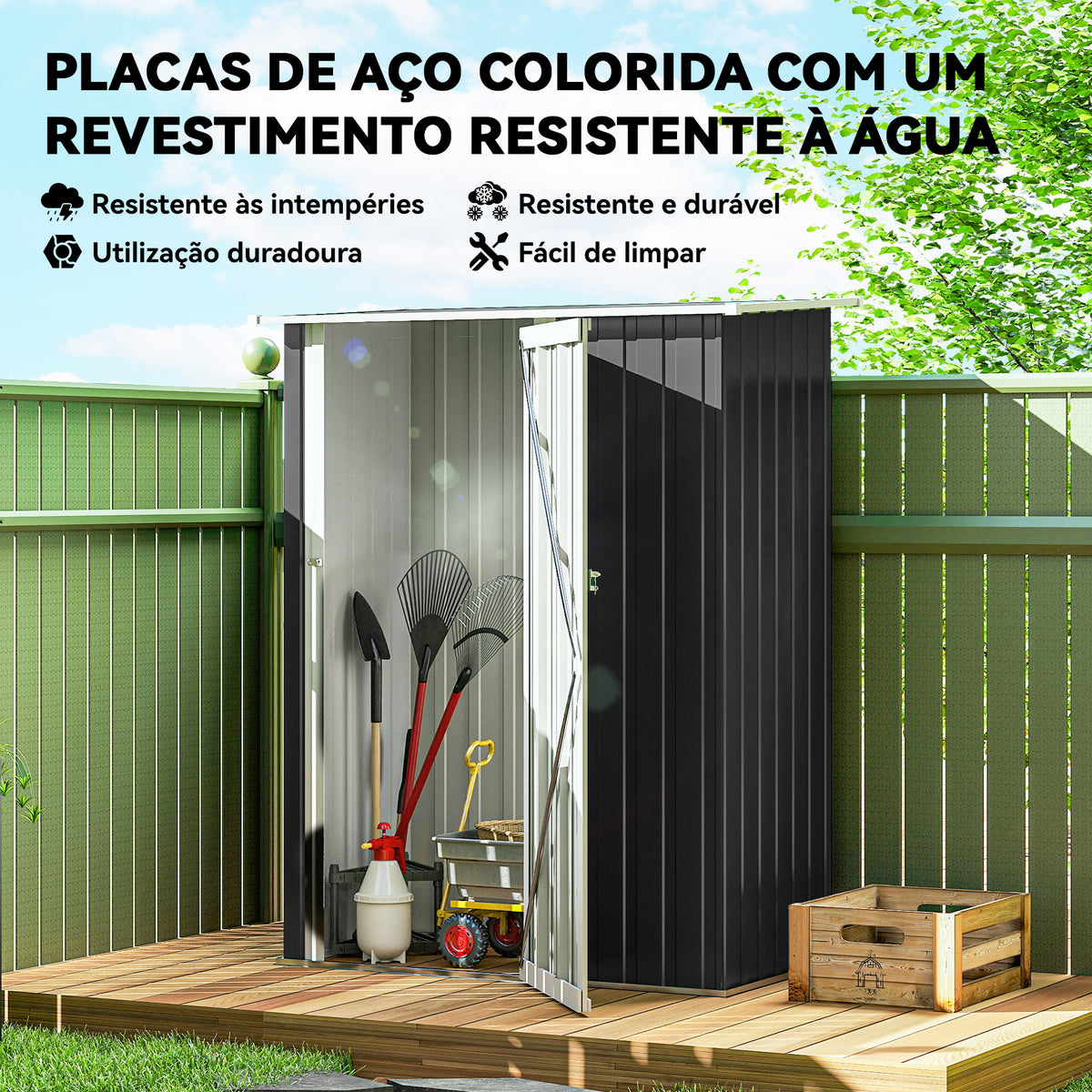Abrigo de Jardim 1,07m² 142x84x189cm Abrigo de Jardim de Aço Galvanizado com Porta Fechadura e Orifícios de Drenagem para Armazenamento de Ferramentas Cinza — foto 3