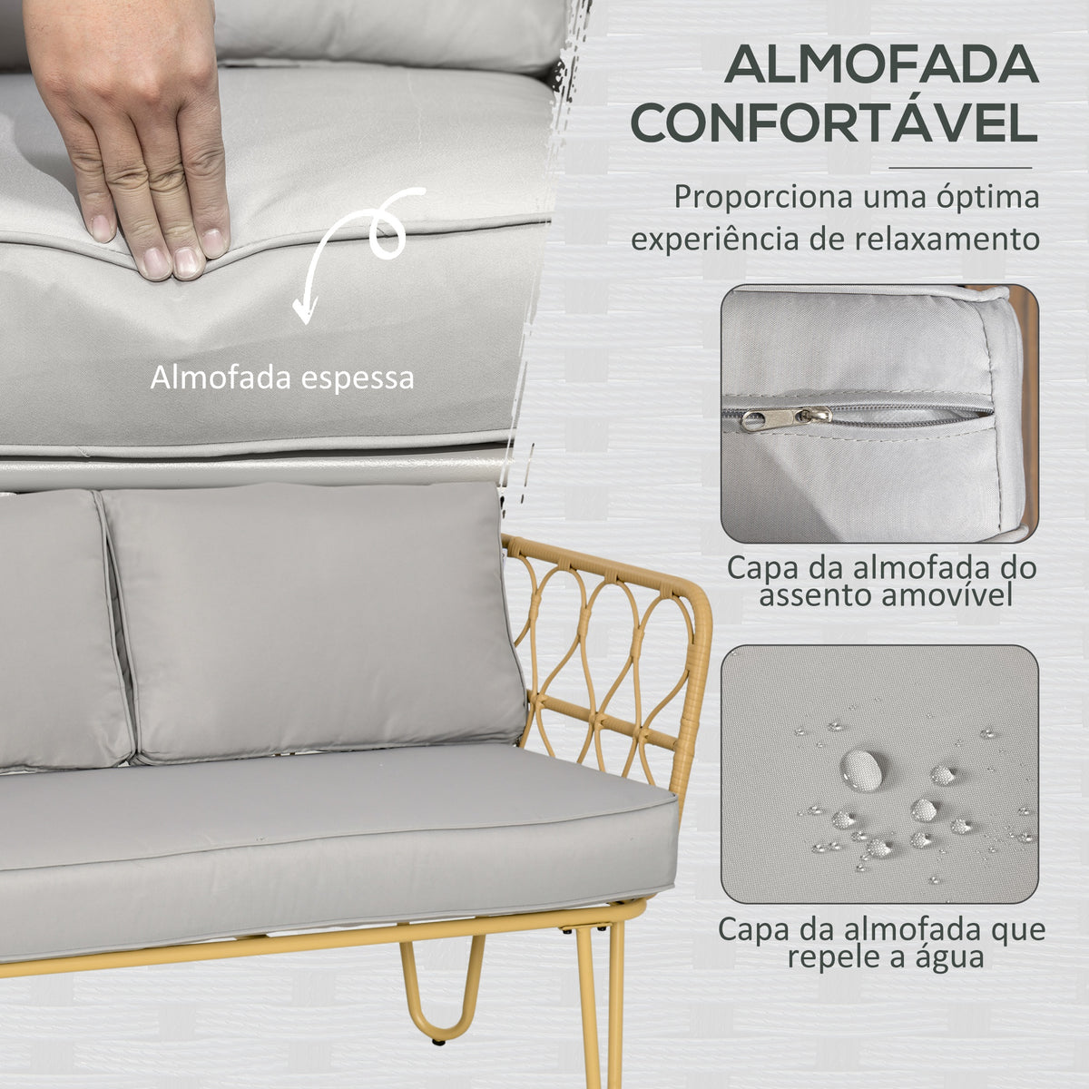 Conjunto de Jardim de 4 Peças em Vime Sintético com 2 Poltronas 1 Sofá de 2 Lugares 1 Mesa de Centro e Almofadas Natural e Cinza — foto 4