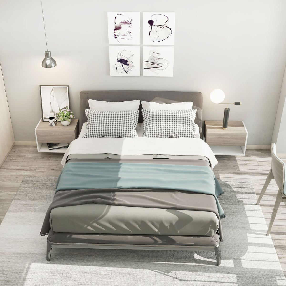 Conjunto de 2 Mesas de Cabeceira Flutuantes Mesas de Cabeceira Suspensas com 1 Gaveta e Prateleira Aberta para Dormitório 46x30x30 cm Carvalho e Branco — foto 6