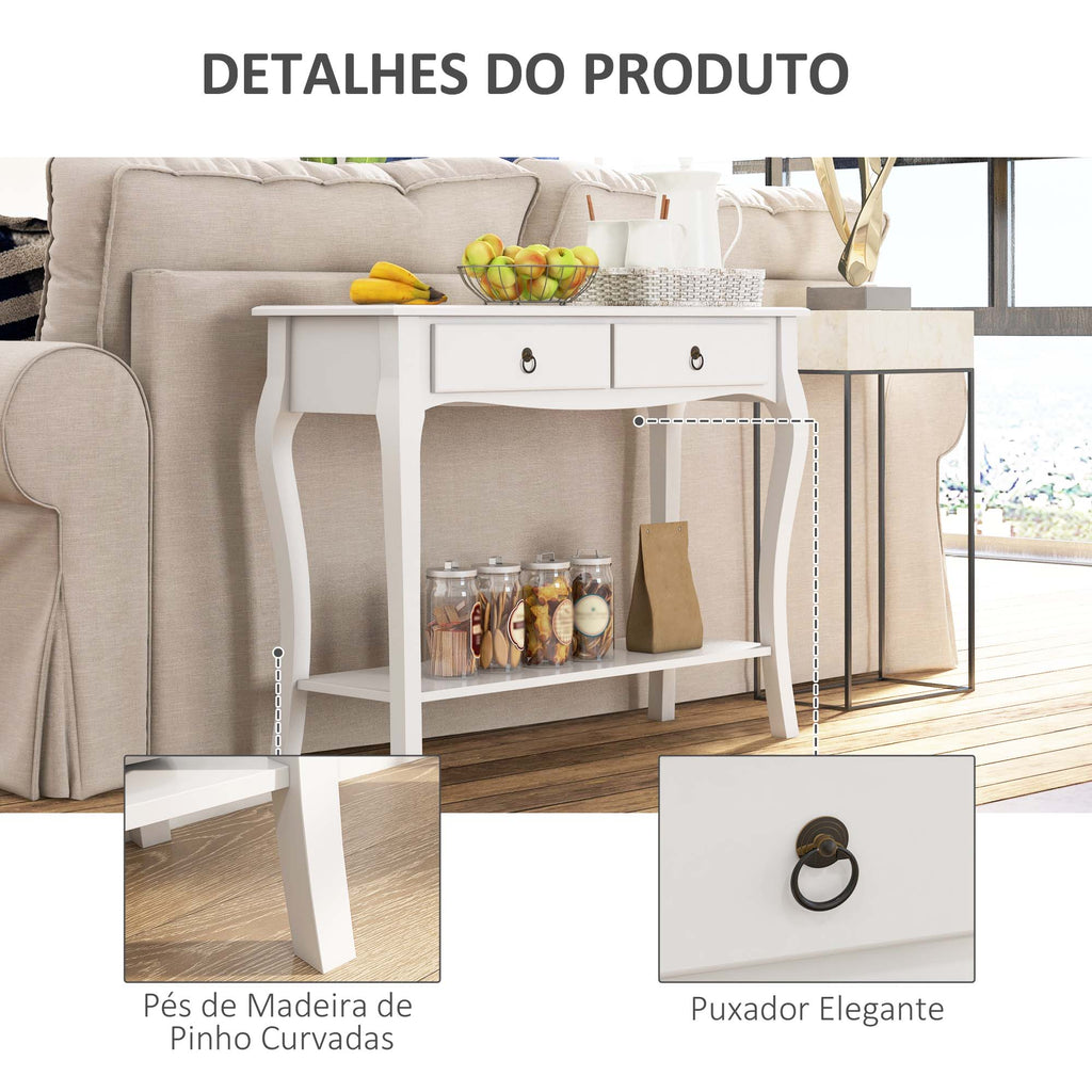 Mesa Tipo Consola para Sala de Estar Consola para Entrada com 2 Gavetas e Prateleira Inferior 100x33x75cm Branco — foto 6