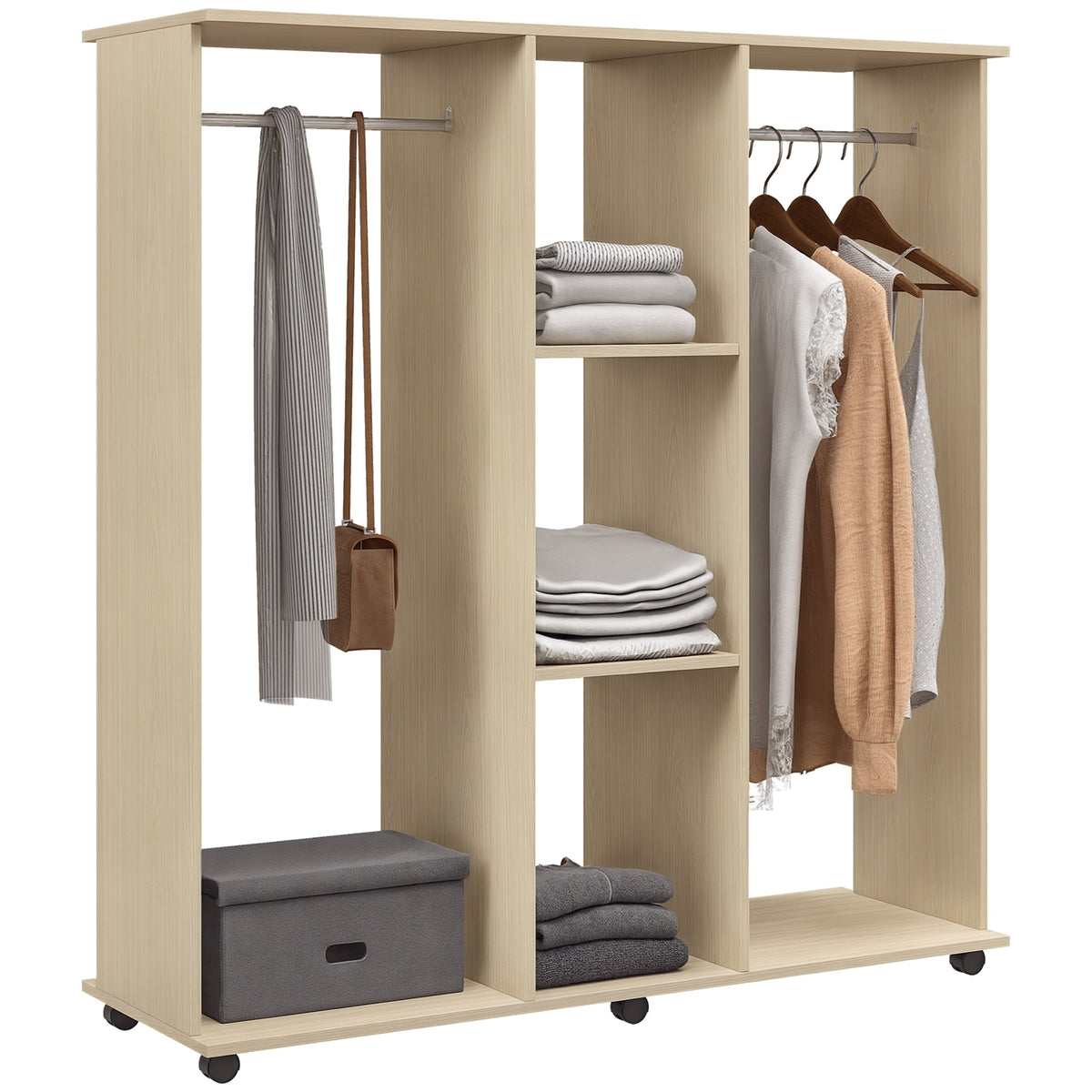 Roupeiro de Madeira Móvel Armário Roupeiro Aberto com 2 Barras para Pendurar e 3 Prateleiras Organizadoras para Dormitório 120x40x128 cm Madeira — foto 1