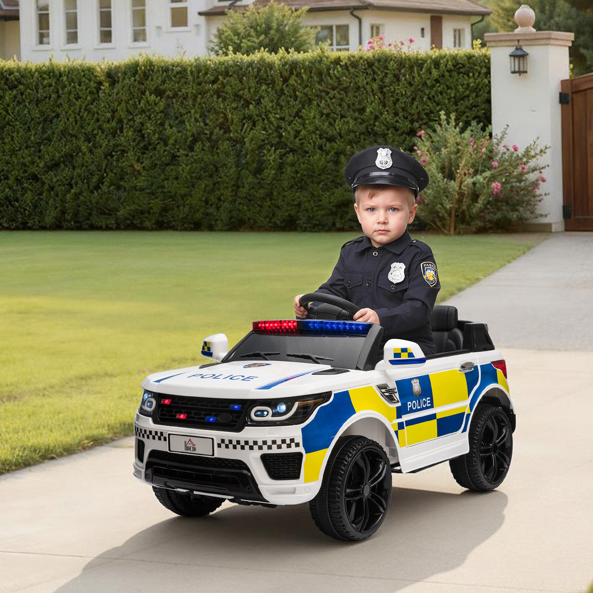 Carro Elétrico para Crianças acima de 3 Anos Carro Elétrico Infantil de Policia Carro a Bateria 12V com Controlo Remoto Bluetooth USB Luz Sirene 110x68x52 cm Branco — foto 2