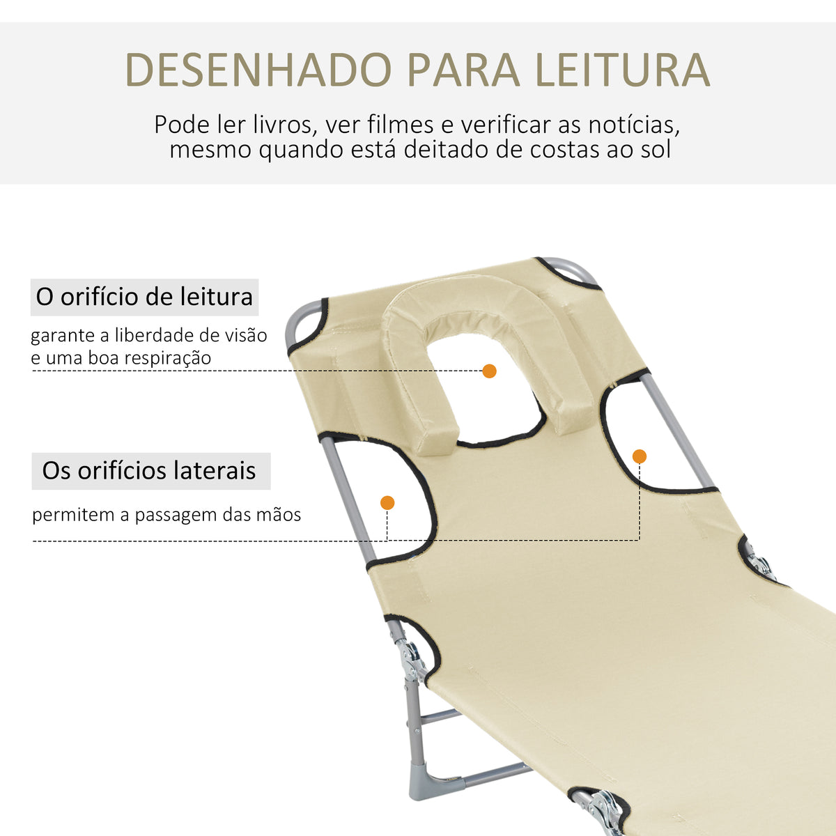 Espreguiçadeira de Jardim Reclinável e Dobrável com Orifício de Leitura Apoio para Cabeça e Encosto Ajustável em 4 Níveis para Praia 182x56x24,5 cm Bege — foto 4