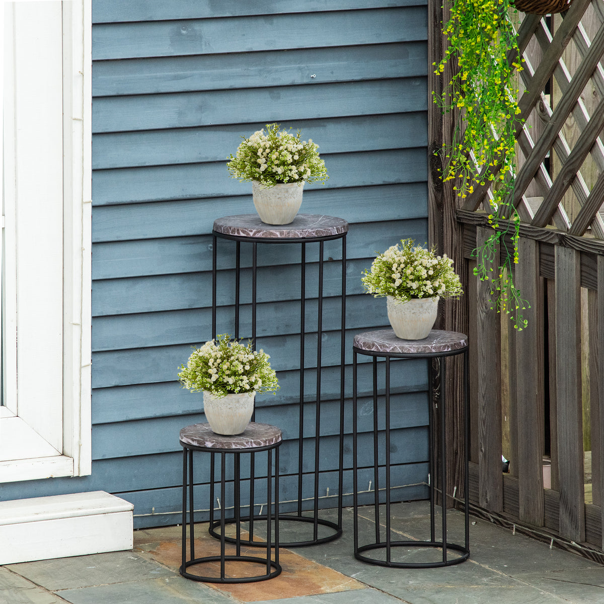 Suporte para Vasos de Metal 3 Peças Empilháveis Suporte para Plantas com Bancada de Efeito Mármore Decoração para Interiores e Exteriores Ø30,5x70,5cm Cinza e Preto — foto 2