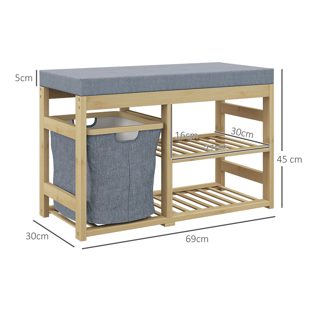 Banco para Sapatos de Bambu Móvel Sapateira com Assento Cesta Amovível e Prateleiras Abertas para 4 Pares de Sapatos Banco Sapateira para Entrada Corredor 69x30x45 cm Madeira — foto 3
