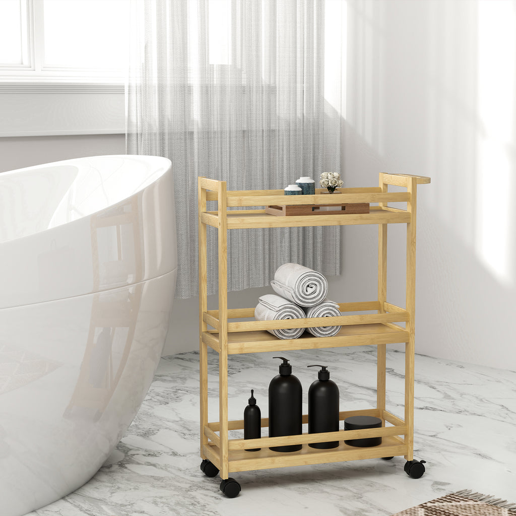 Carrinho para Casa de Banho de Bambu com 3 Níveis Carrinho de Arrumação com Rodas para Casa de Banho Cozinha 55x20x75 cm Madeira — foto 2