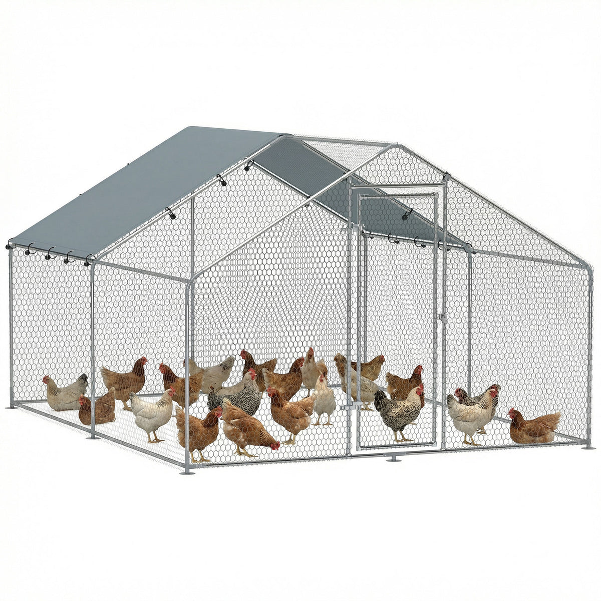 Galinheiro para Exterior 3x3,4x1,9 m Galinheiro de Aço Galvanizado com Cobertura Anti-UV e Impermeável Gaiola para 10-15 Galinhas Prata — foto 1