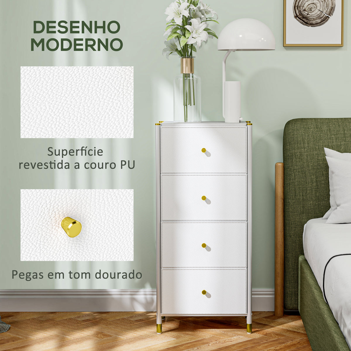 Cómoda para Dormitório Cómoda de Tecido com 4 Gavetas Dobráveis com Frentes de Couro PU e Estrutura de Aço Cómoda para Dormitório 46x30x98 cm Branco — foto 5
