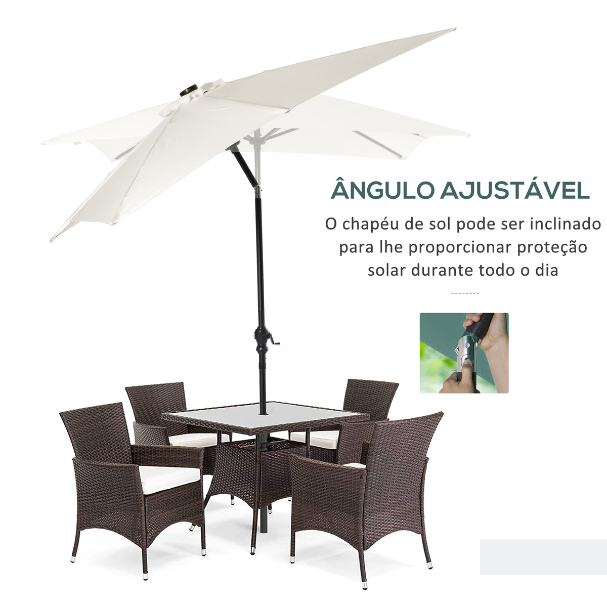 Chapéu de Sol com Luzes LED 268x205x248 cm Chapéu de Sol de Jardim Inclinável até 45° Anti-UV e Abertura a Manivela para Pátio Varanda Creme — foto 6