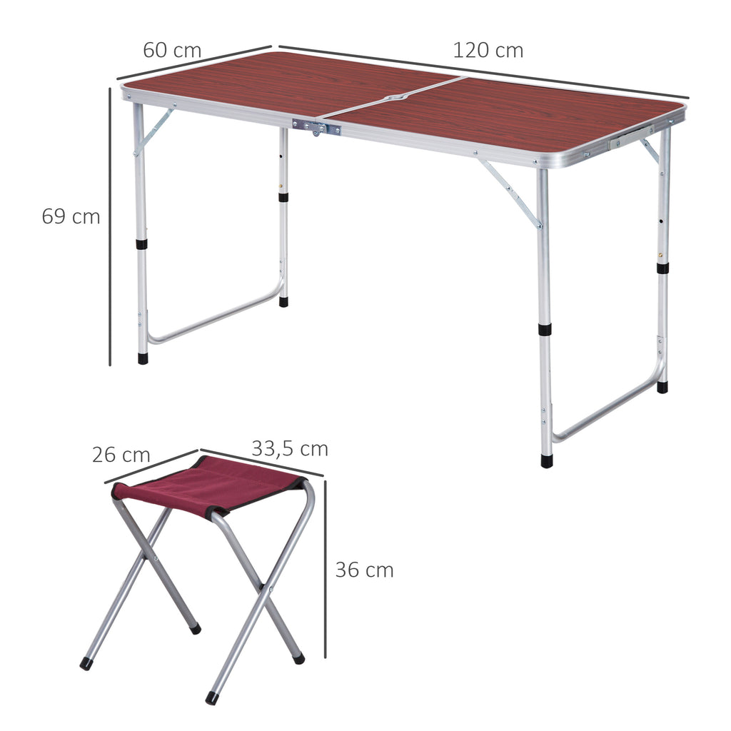 Mesa Maleta de Alumínio com 4 Bancos Conjunto para Acampamento Dobrável Portátil com Altura Ajustável Jardim Terraço 120x60x69cm Marrom e Vermelho — foto 3