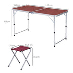 Mesa Maleta de Alumínio com 4 Bancos Conjunto para Acampamento Dobrável Portátil com Altura Ajustável Jardim Terraço 120x60x69cm Marrom e Vermelho — foto 3
